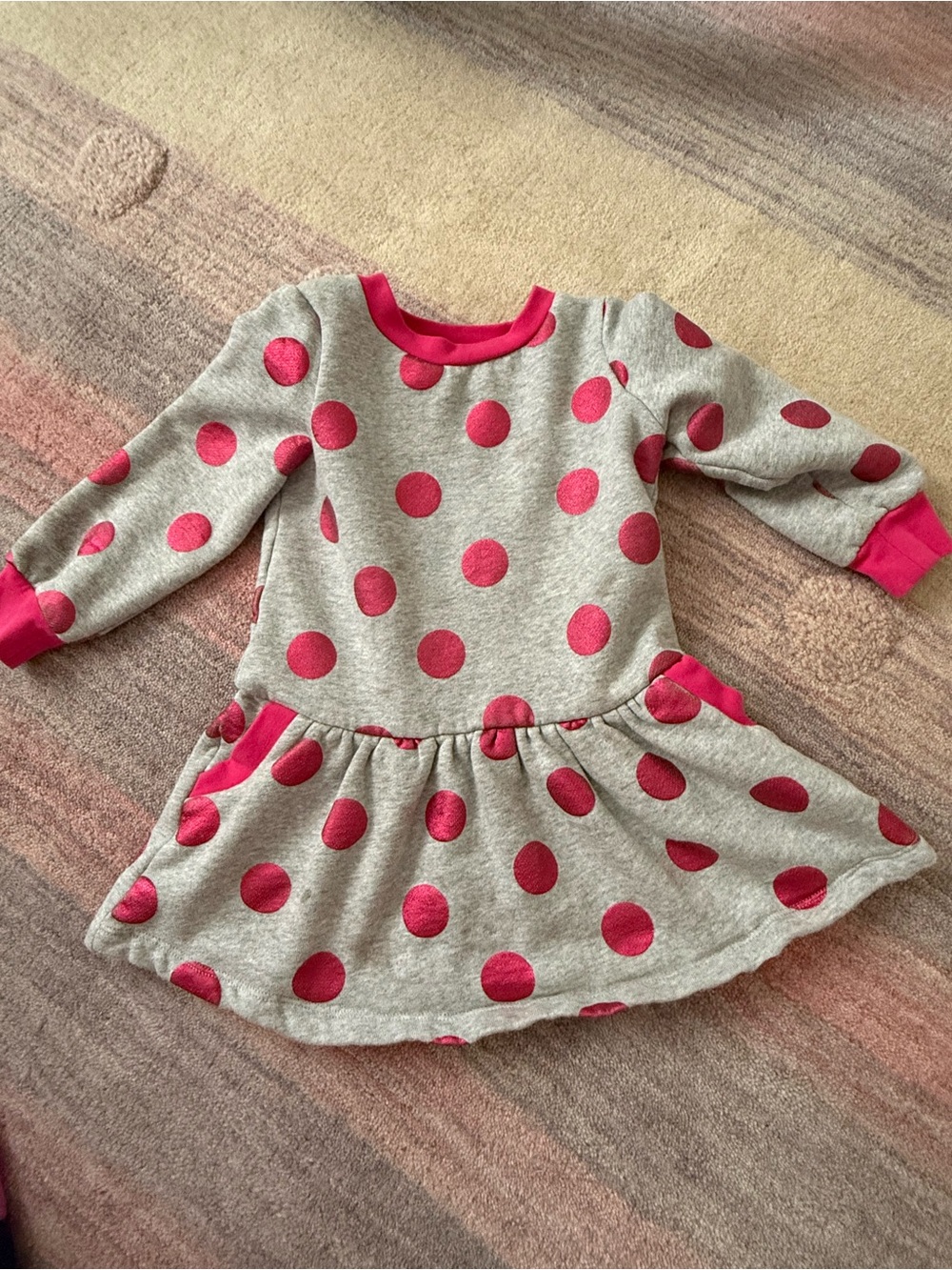 Mini Boden Polka Dot Dress | Gray Marl + Pink | Size 2-3Y